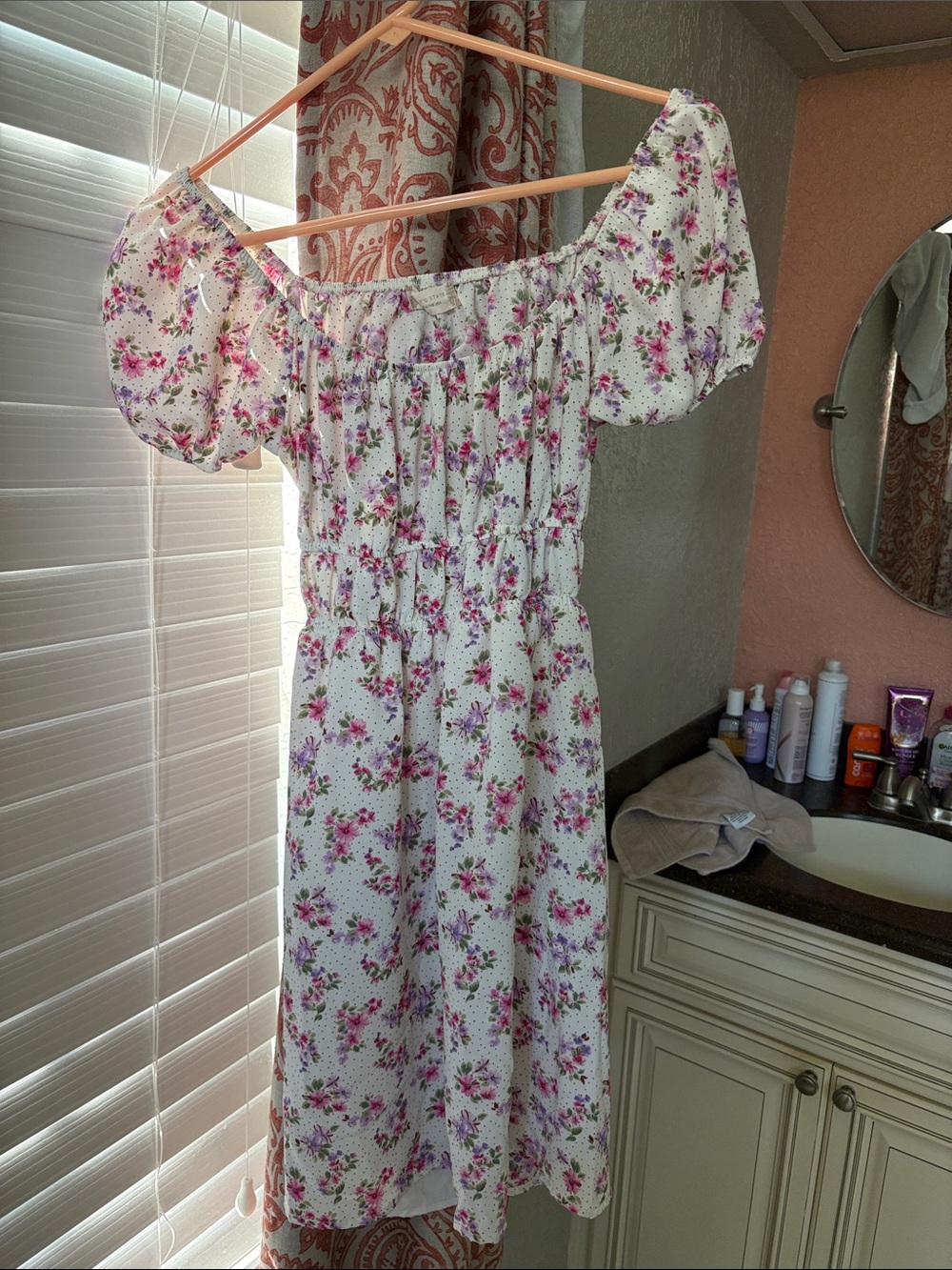 Altar'd State White Off-Shoulder Floral Midi Dress with Pink Blossoms